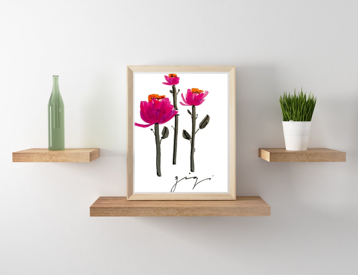 Three Magenta Blossoms on Dark Stems in Minimalist Ink Poster
