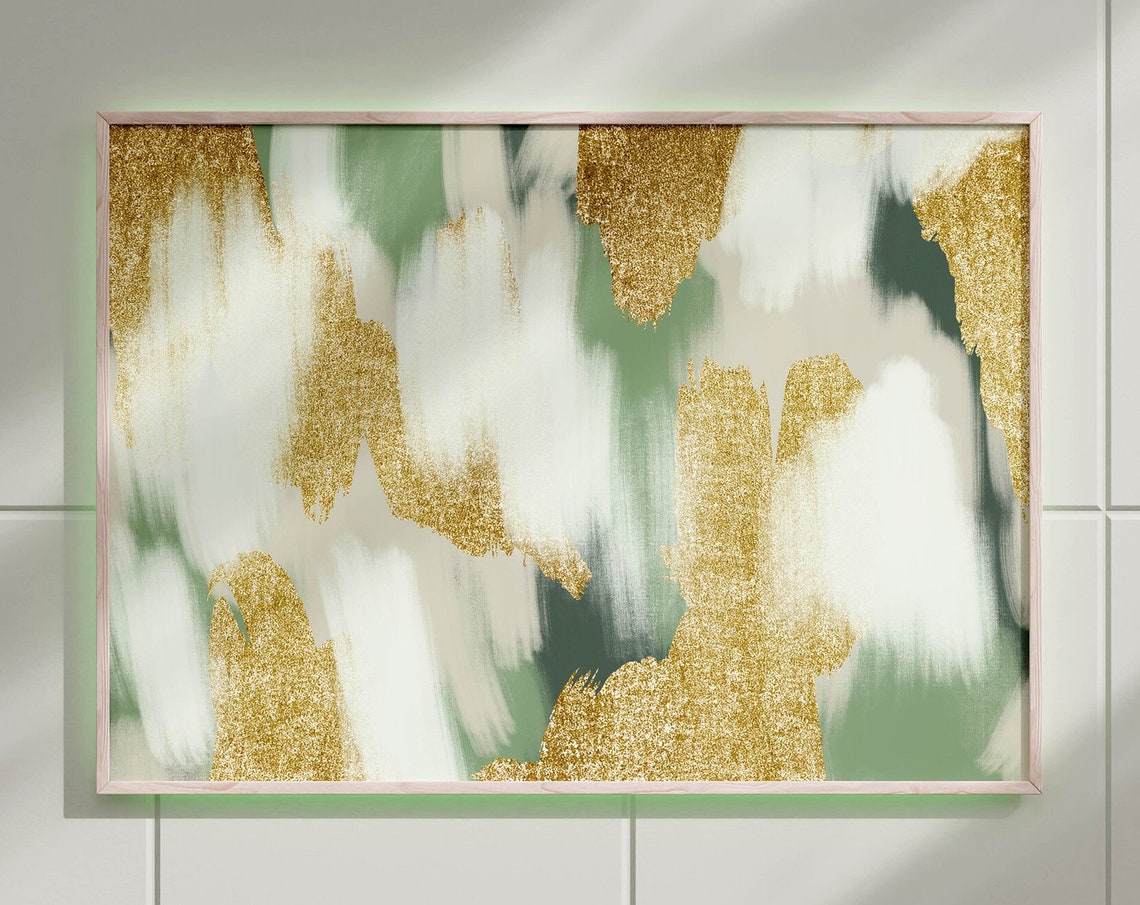 Sage Green Gold Glitter Abstract Brushstroke Modern Painting Poster