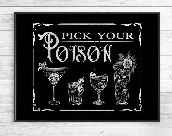 Pick Your Poison Halloween Spooky Cocktail Bar Sign Art Poster