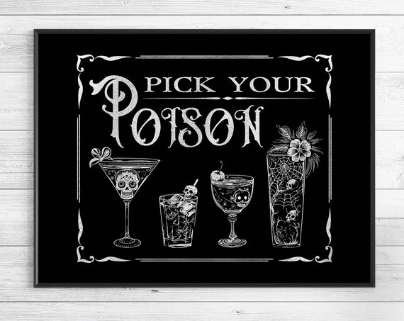 Pick Your Poison Potions Bar Halloween Bar Cart Art Sign Funny Girly Halloween Witchy Wall Decor Horizontal Halloween Wall Art Printable