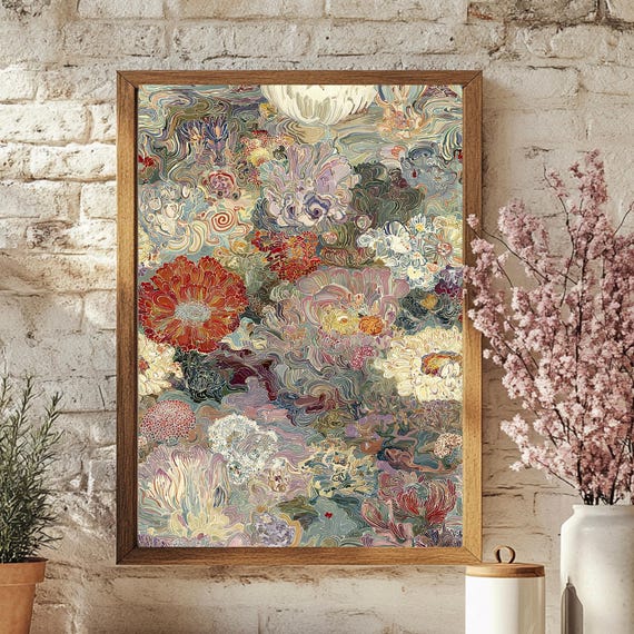 Abstract Floral Print Klimt Inspired Wall Art Colorful Botanical Painting Modern Impressionist Flowers Eclectic Home Decor