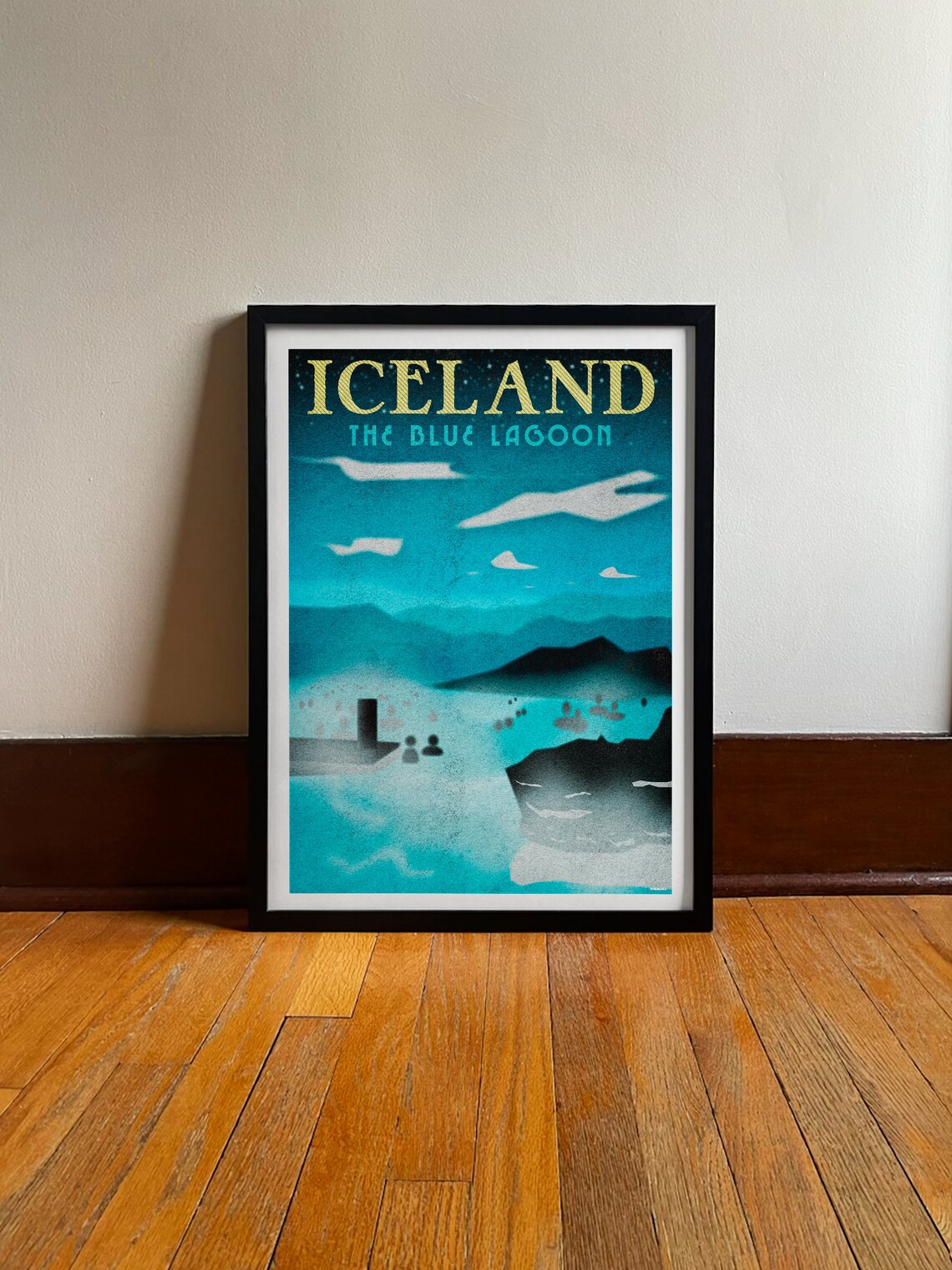 Iceland Blue Lagoon Geothermal Spa Steam Night Vintage Travel Poster