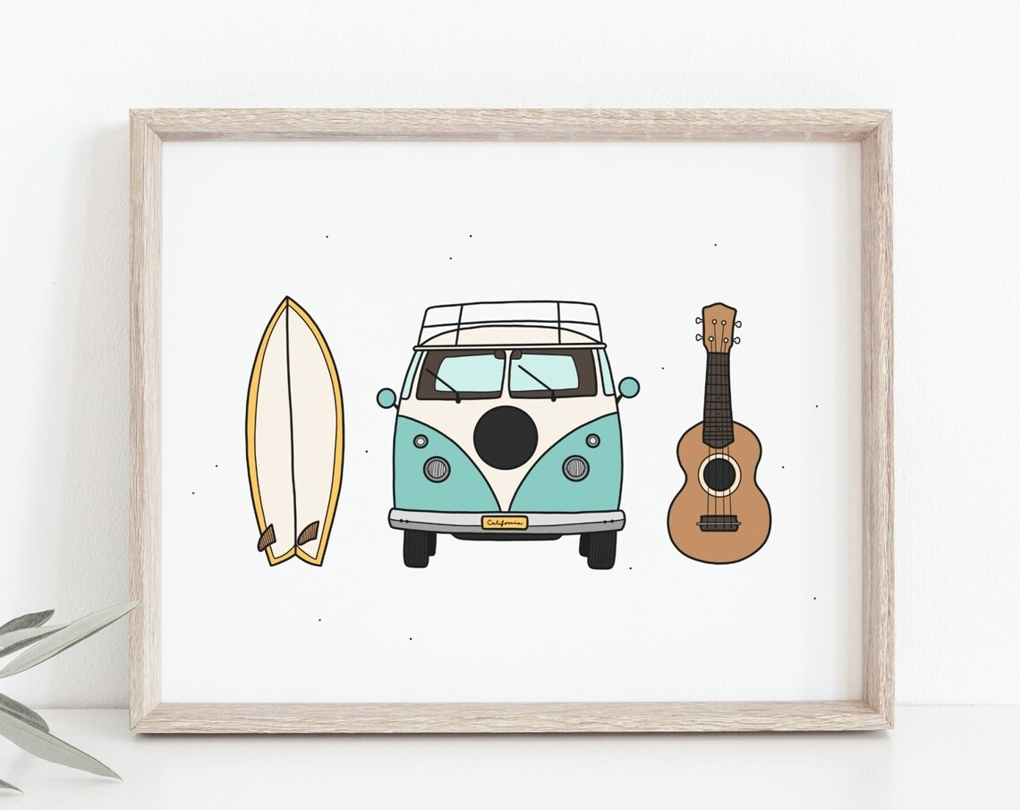 Surfboard Ukulele Camper Van Vintage Travel Poster