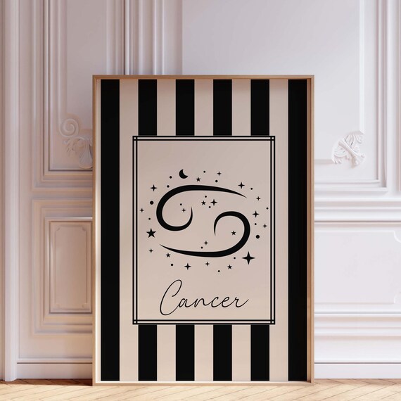 Cancer Zodiac Symbol Black Striped Celestial Astrology Horoscope Poster
