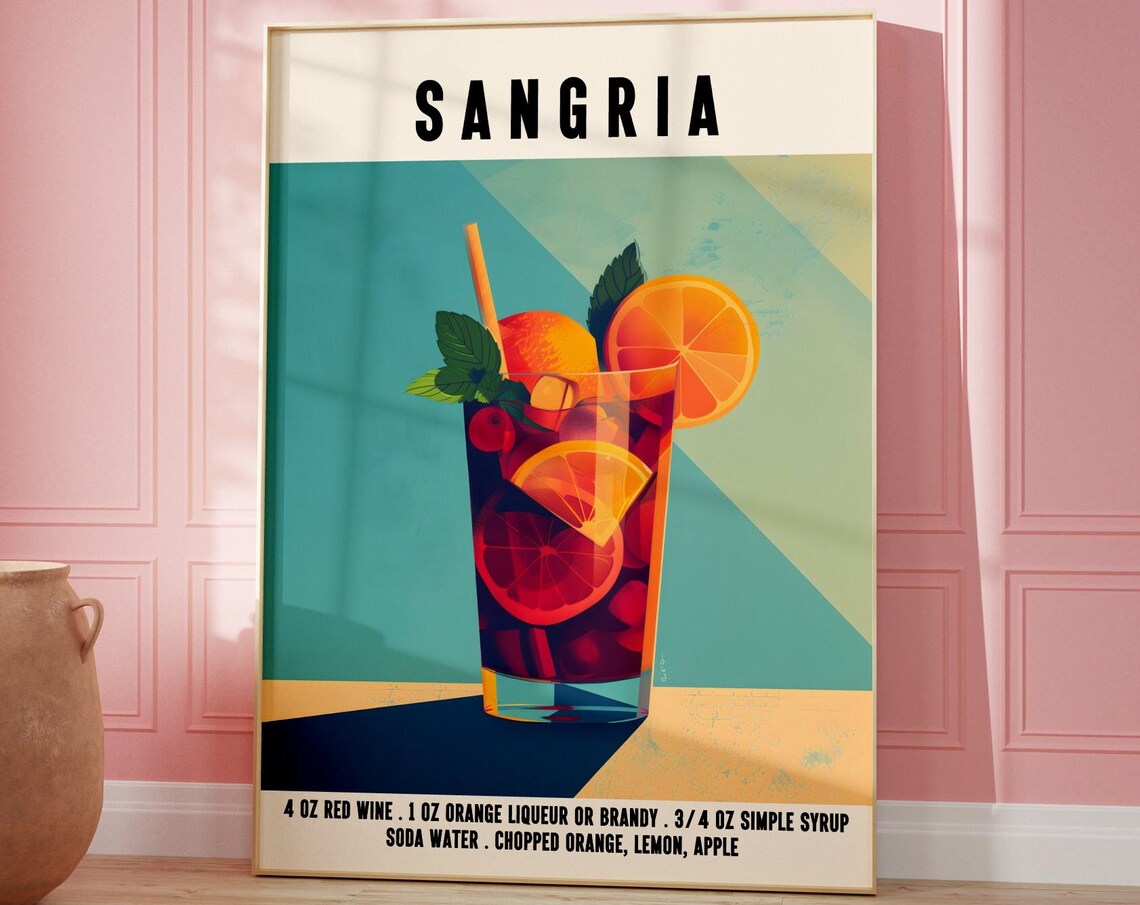 Retro Sangria Red Wine Cocktail Recipe With Orange Slices Art Poster - Image 3