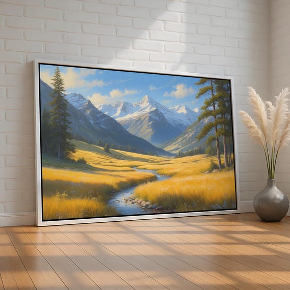 Golden Mountain Valley Scene Serene Nature Landscape Canvas Poster Peaceful River View Wall Art For Home Ready To Hang