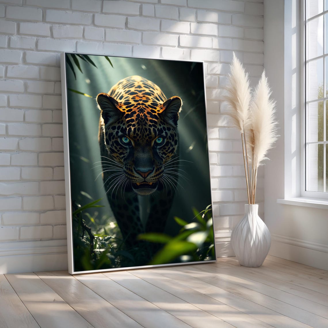 Blue Eyed Leopard Walking in Jungle Light Wildlife Art Poster