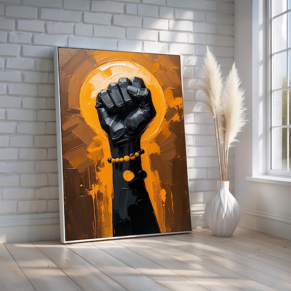 Raised Black Power Fist Bold Orange Afrocentric Painting Poster