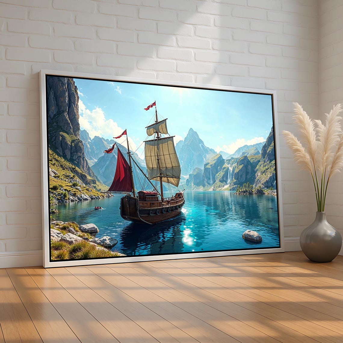 Red Sail Sailboat Mountain Lake Turquoise Water Scenic Art Poster