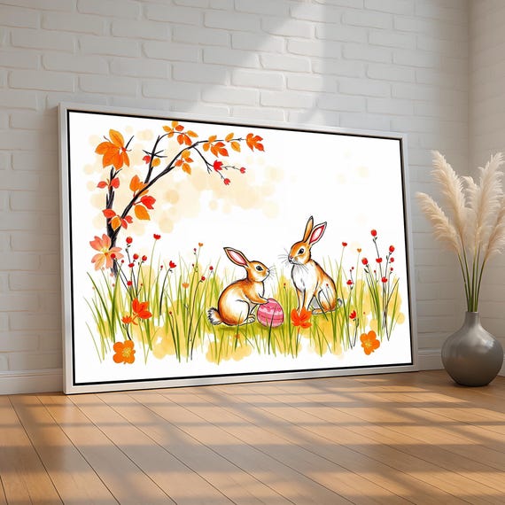 Cute Bunny Easter Poster Two Rabbits With Egg In Spring Meadow Canvas Print Nursery Or Seasonal Decor For Kids Ready To Hang
