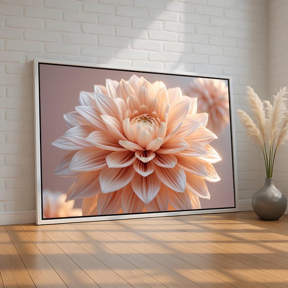 Peach Dahlia Flower Bloom Elegant Botanical Wall Art For Bedroom Living Room Or Office Decor Canvas Poster Prints Ready To Hang