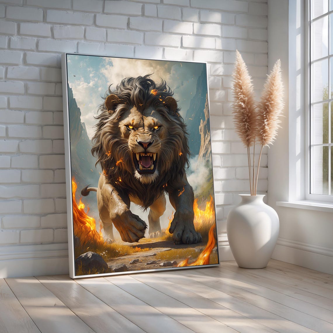 Roaring Lion Flames Fierce Wild Animal Fantasy Painting Wall Art