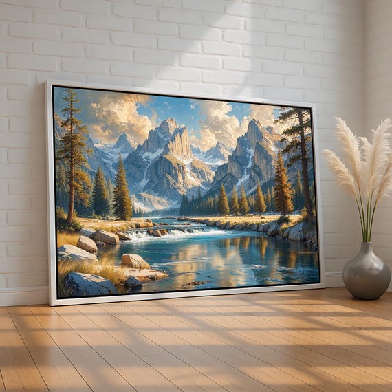 Mountain River Landscape Wall Art Majestic Peaks Forest Canvas Poster Rustic Lodge Nature Decor For Cabin Home Or Office