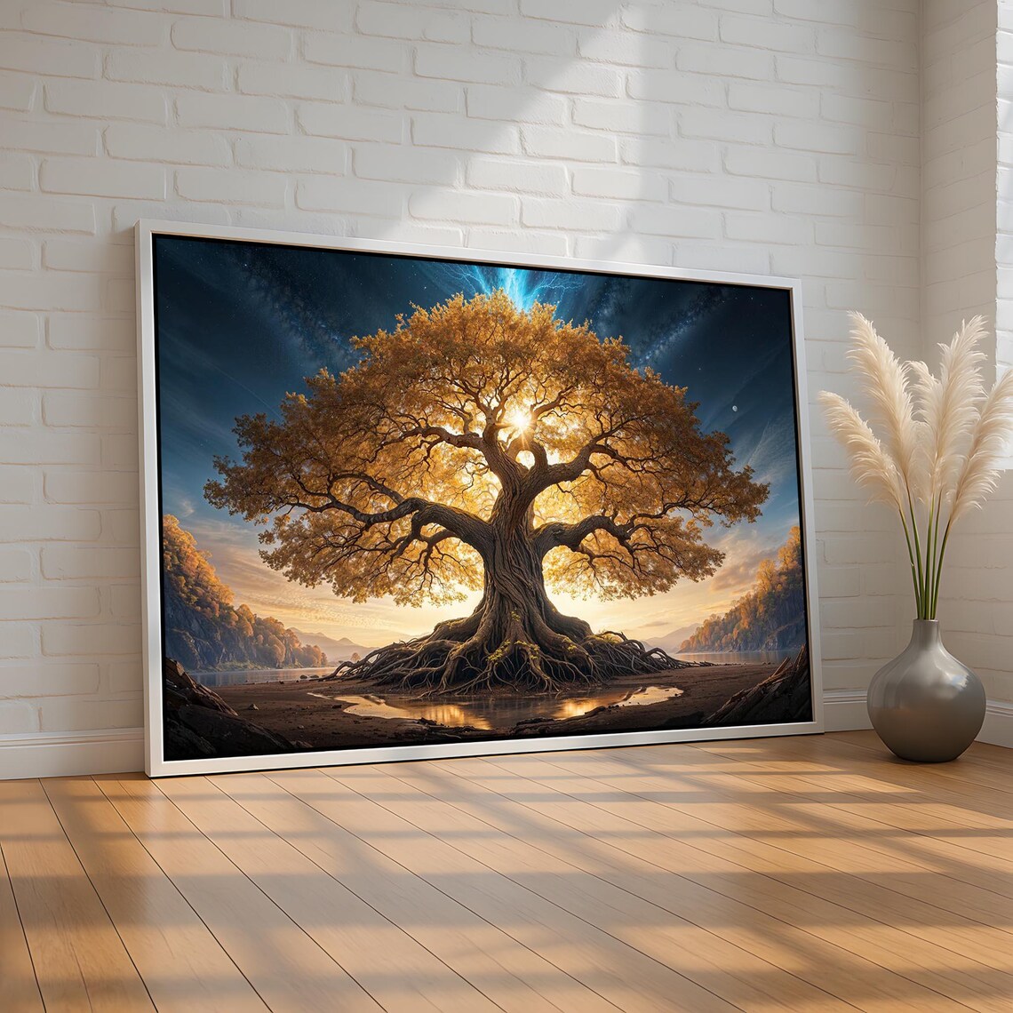 Majestic Golden Tree Fantasy Starry Night Landscape Wall Art
