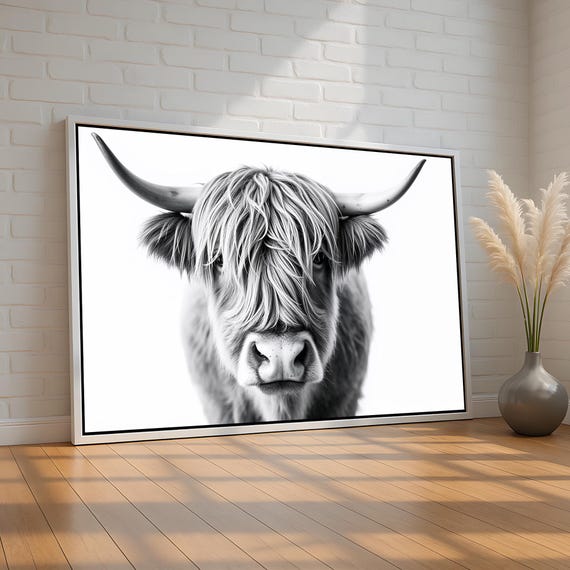 Highland Cow Black And White Poster Minimalist Farmhouse Animal Wall Art Rustic Country Decor For Living Room Or Nursery Ready To Hang
