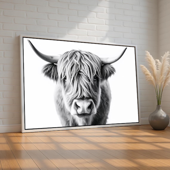 Highland Cow Portrait Black and White Minimalist Farmhouse Poster