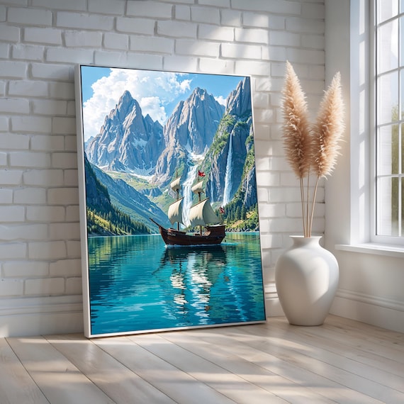Tall Ship Sailing Turquoise Mountain Lake Adventure Landscape Poster