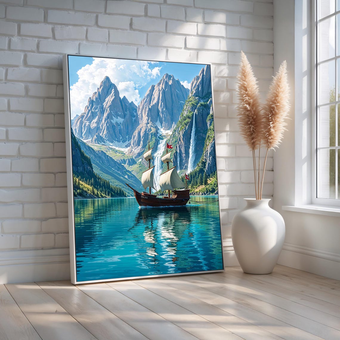 Tall Ship Sailing Turquoise Mountain Lake Adventure Landscape Poster