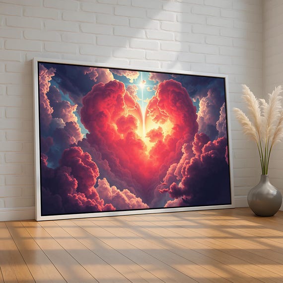 Heart Shaped Cloud Wall Art Radiant Pink And Gold Sky With Light Beam Sunset Glow Inspirational Love Canvas Print Ready To Hang