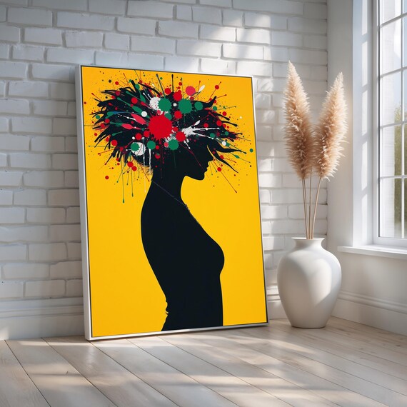 Bold Afro Silhouette Wall Art Poster Abstract Splash Paint On Yellow Background Modern Pop Culture Decor For Home Ready To Hang