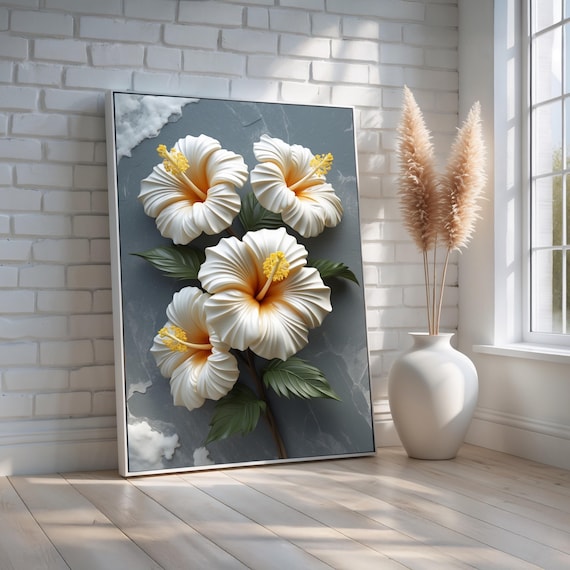 White Hibiscus Flower 3D Relief Tropical Botanical Bloom Poster