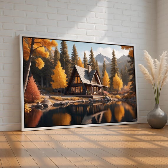 Autumn Cabin Wall Art Rustic Aframe House By Lake Canvas Poster Cozy Fall Nature Decor For Living Room Or Lodge Ready To Hang
