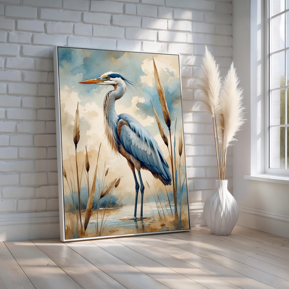 Great Blue Heron Watercolor Marsh Scene With Cattails Nature Art Print