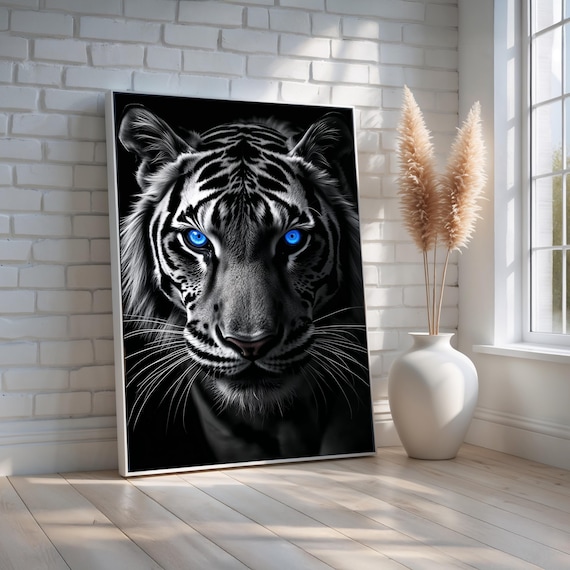 Blue Eyed Tiger Wall Art Fierce Jungle Animal Canvas Black And White Wildlife Decor Bold Statement Piece Ready To Hang