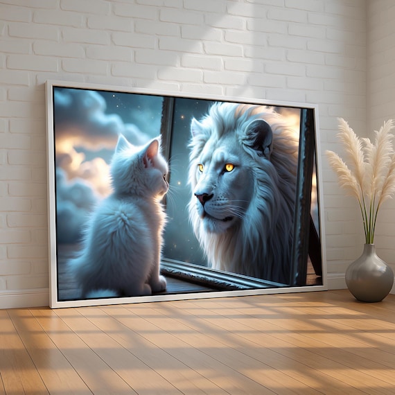 White Kitten Lion Mirror Reflection Dreamy Fantasy Art Poster