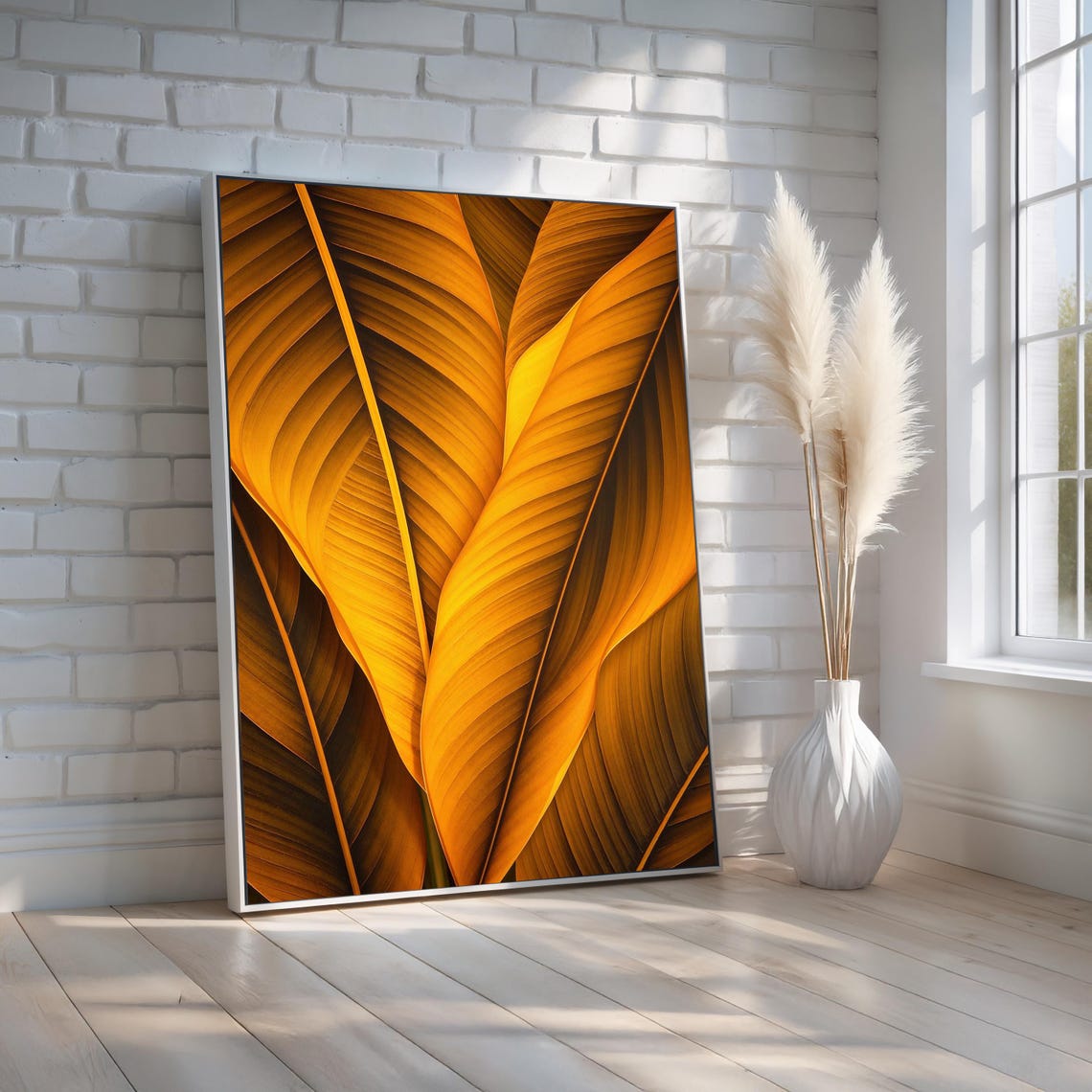 Golden Tropical Leaf Wall Art Canvas Warm Banana Plant Poster Autumn Modern Botanical Decor For Boho Or Luxury Spaces Ready To Hang