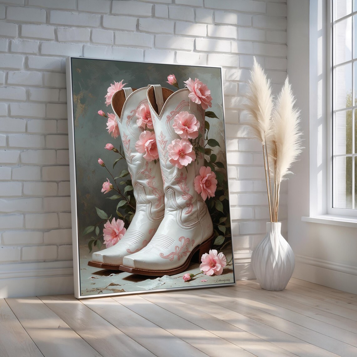 White Cowboy Boots With Pink Flowers, Art Print