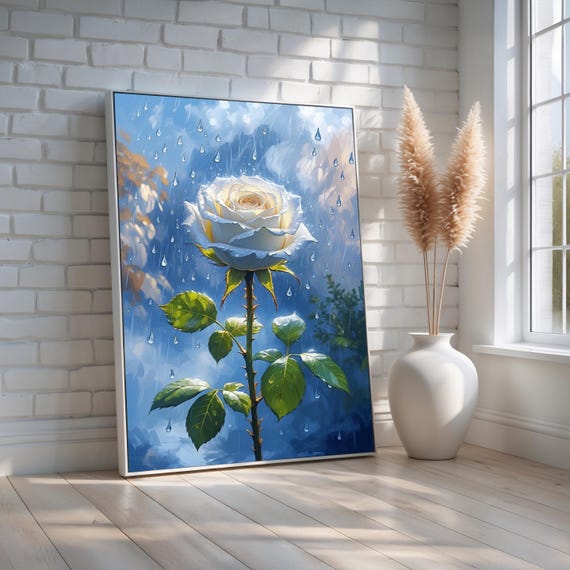 White Rose In Rain Wall Art Glowing Floral Canvas With Raindrops Romantic Nature Symbol Of Hope Purity Botanical Decor Ready To Hang