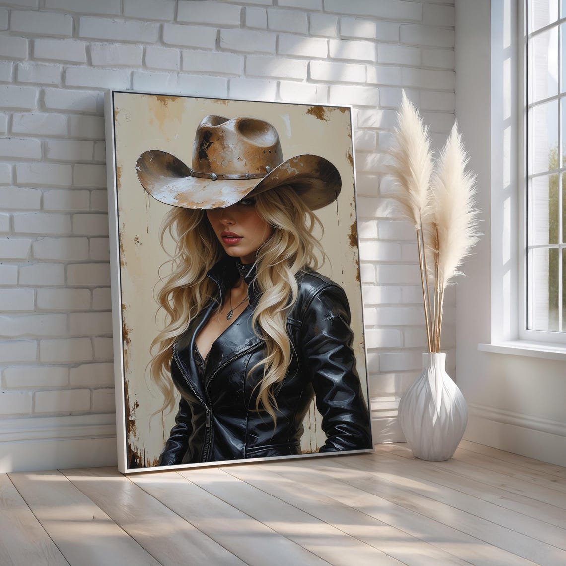 Cowgirl Portrait Wall Art Western Glam Woman In Cowboy Hat Rustic Country Girl Poster Edgy Canvas Ready To Hang