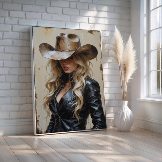 Cowgirl Portrait Wall Art Western Glam Woman In Cowboy Hat Rustic Country Girl Poster Edgy Canvas Ready To Hang