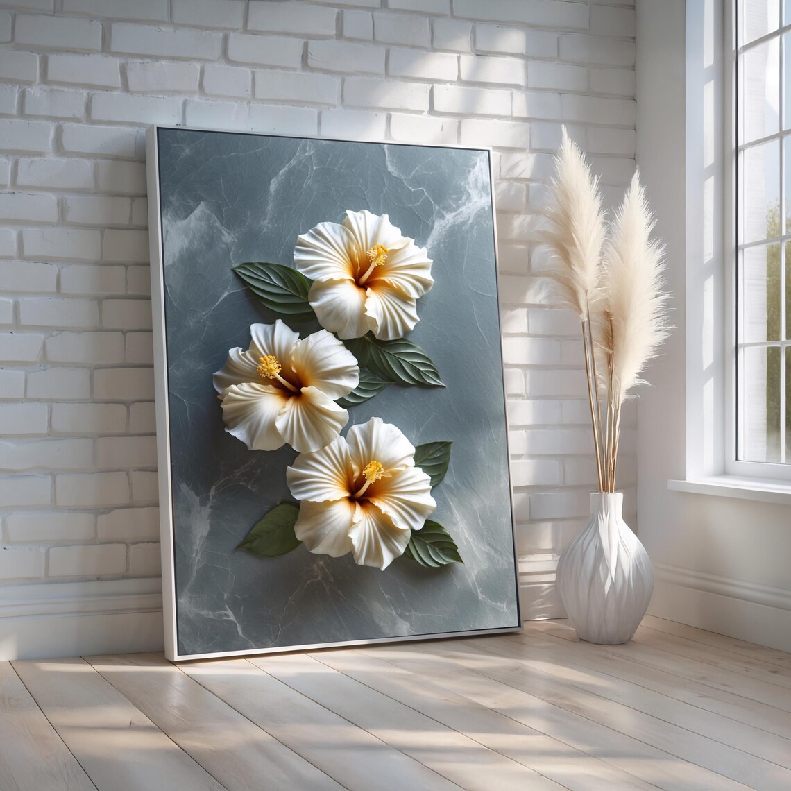 White Hibiscus Flowers on Dark Slate Modern Floral Art Poster