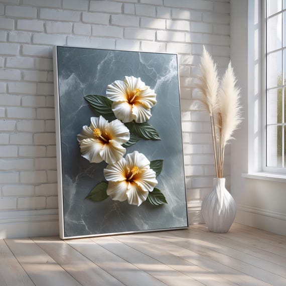 White Hibiscus Flower Wall Art Canvas Poster Tropical Coastal Decor With Elegant Floral Design Modern Botanical Print Ready To Hang