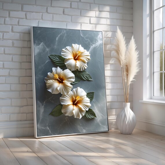 White Hibiscus Flowers on Dark Slate Modern Floral Art Poster