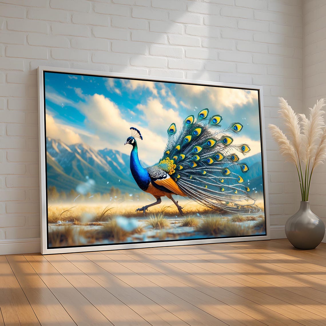 Majestic Peacock Displaying Iridescent Tail Feathers Mountain Poster