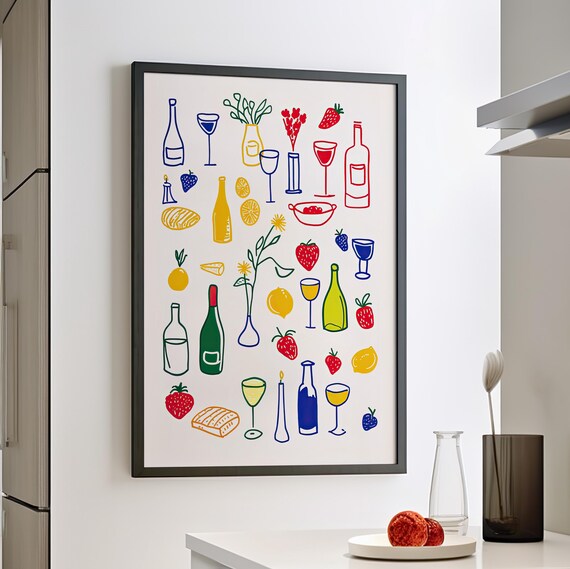 Retro Food And Drinks Line Art Poster Or Canvas Print Dinner Table Illustration Minimalist Colorful Wall Children Drawing