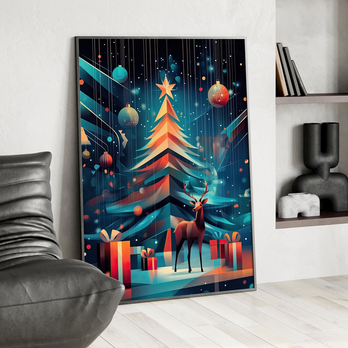 Retro Futuristic Geometric Christmas Tree With Deer Holiday Poster