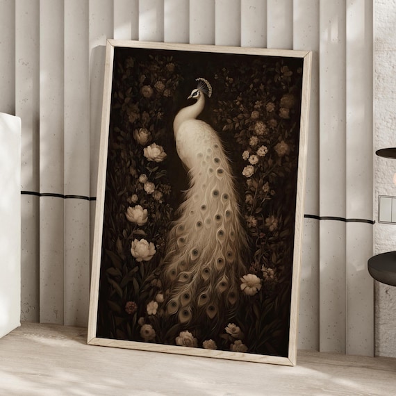Moody White Peacock Portrait Dark Academia Floral Oil Art Poster