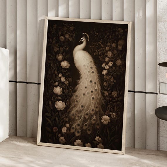 Moody White Peacock Portrait Poster Or Canvas Print Dark Academia Nature Vintage Floral Oil Painting Elegant Home Office Decor Gift