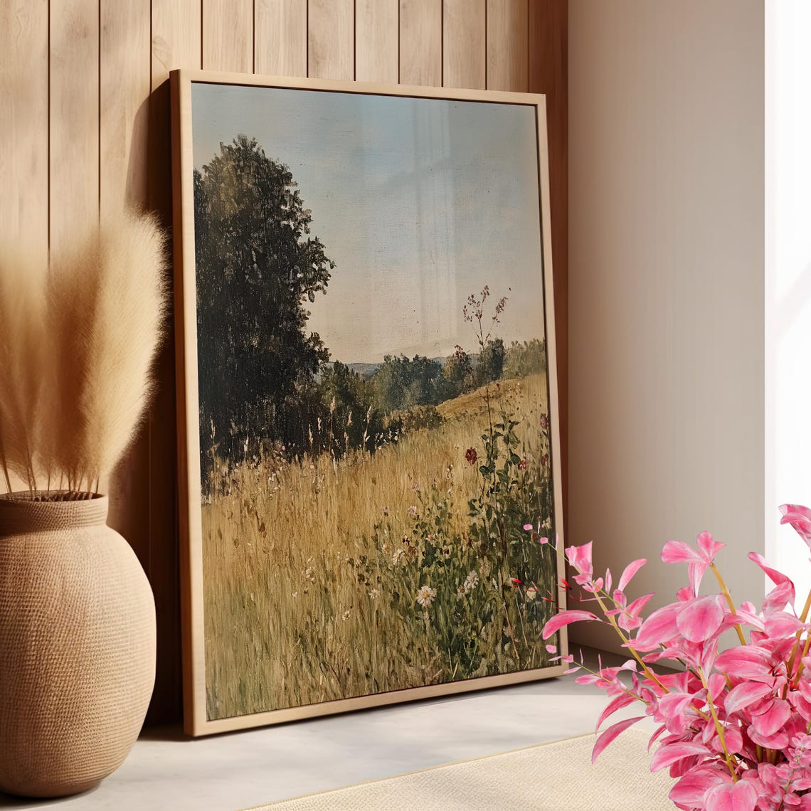 English Countryside Meadow Vintage Oil Painting Cottage Decor Poster