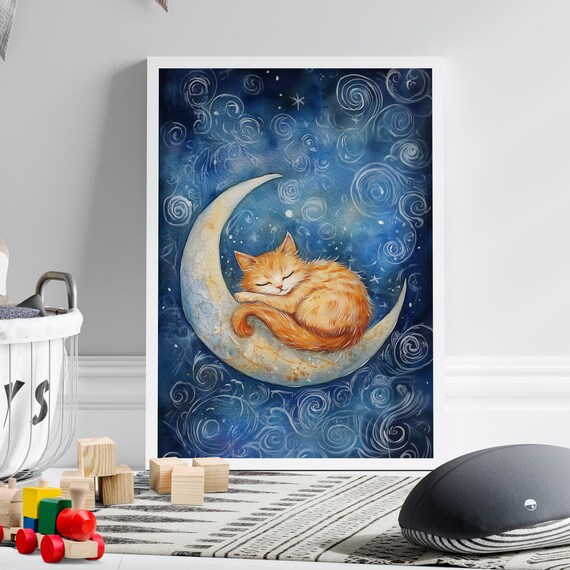 Cat On A Crescent Moon Swirly Starry Night Sky Watercolor Painting Poster Or Canvas Print Whimsical Orange Art Nursery Wall