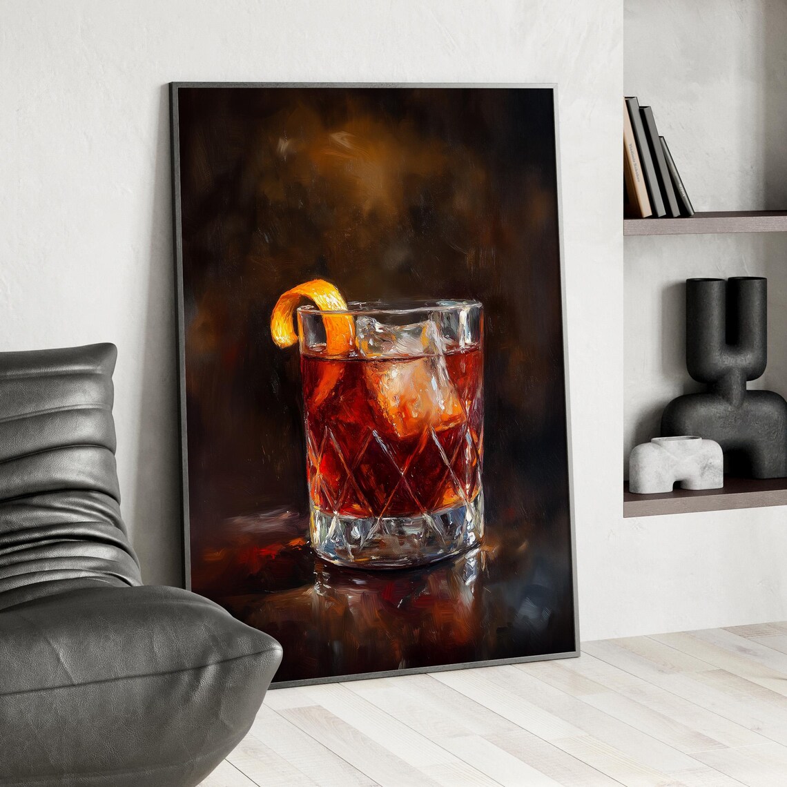 Boulevardier Cocktail In Whiskey Glass Oil Painting Bar Art Poster