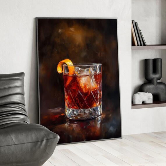 Boulevardier Cocktail In Whiskey Glass Oil Painting Bar Art Poster