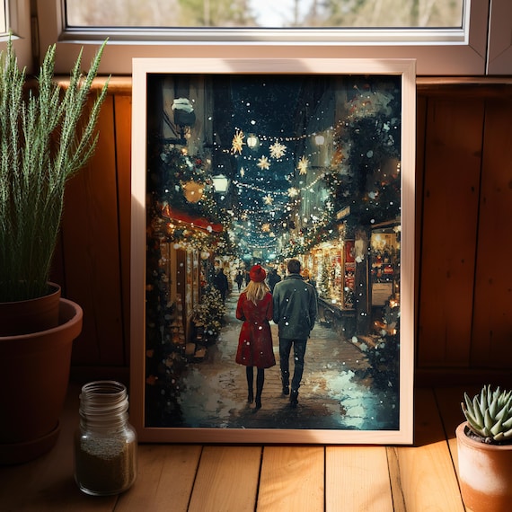 Romantic Couple Strolling Christmas Market Street Winter Art Print