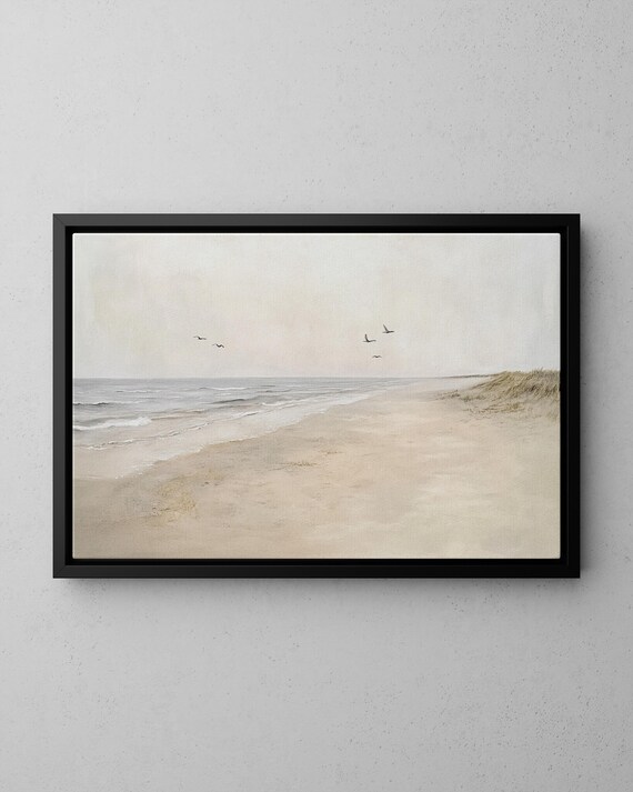 Muted Sandy Shore Seascape With Birds Minimalist Coastal Painting Poster