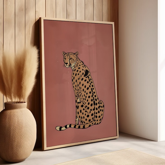 Cheetah Illustration Vintage Pink Art Poster Print Or Canvas Leopard Wall Decor Retro Minimalistic Animal