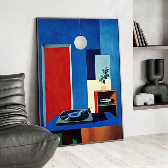 Abstract Blue Room Record Player Modern Geometric Music Art Poster
